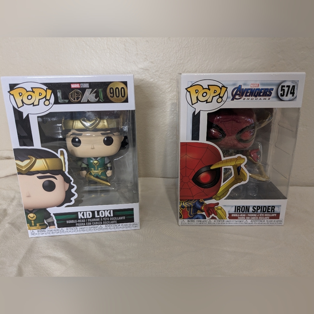 New/Unopened Marvel Funko Pop Set - #900 Kid Loki and # 574 Iron Spider